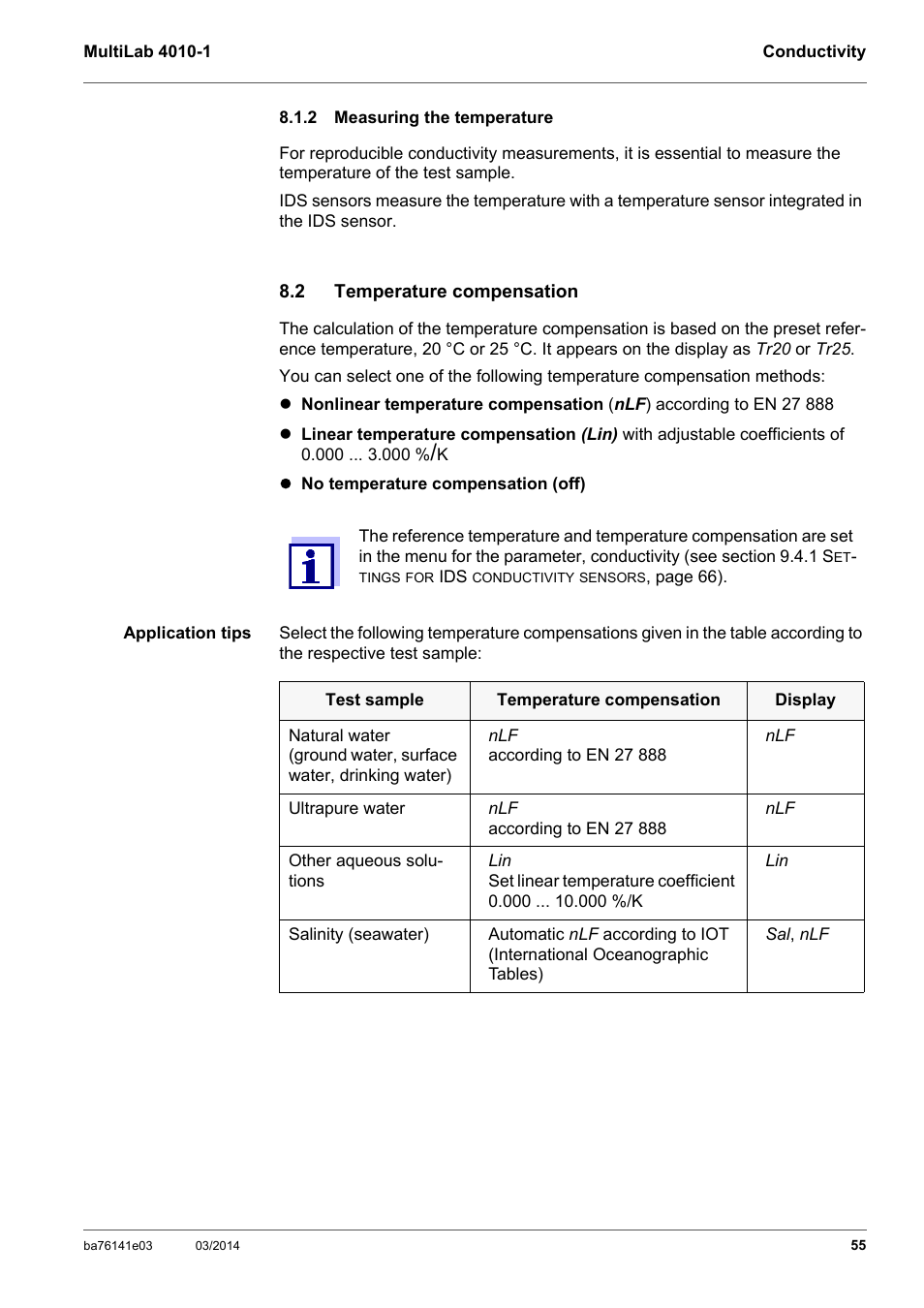 2 measuring the temperature, 2 temperature compensation, Measuring the temperature | Temperature compensation | YSI MultiLab 4010P-1 User Manual | Page 55 / 108