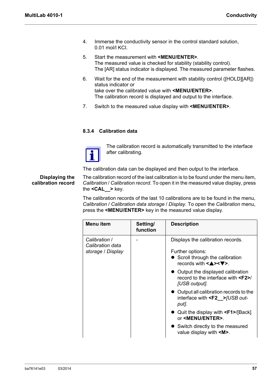 4 calibration data, Calibration data | YSI MultiLab 4010P-1 User Manual | Page 57 / 108