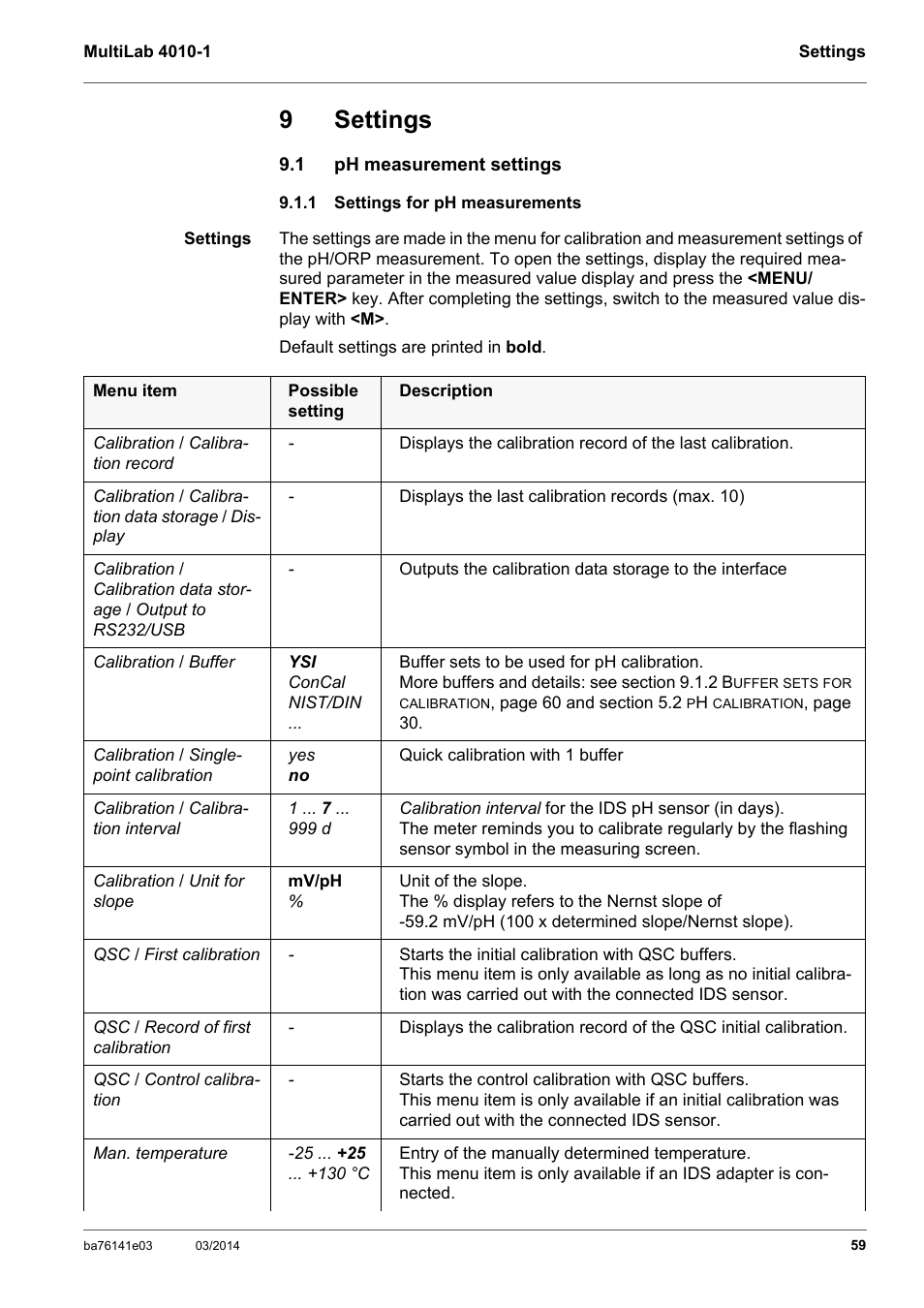 9 settings, 1 ph measurement settings, 1 settings for ph measurements | Settings, Ph measurement settings, Settings for ph measurements, Selected (see section 9.1.1 s, Ettings, Measurements, See section 9.1.1 s | YSI MultiLab 4010P-1 User Manual | Page 59 / 108