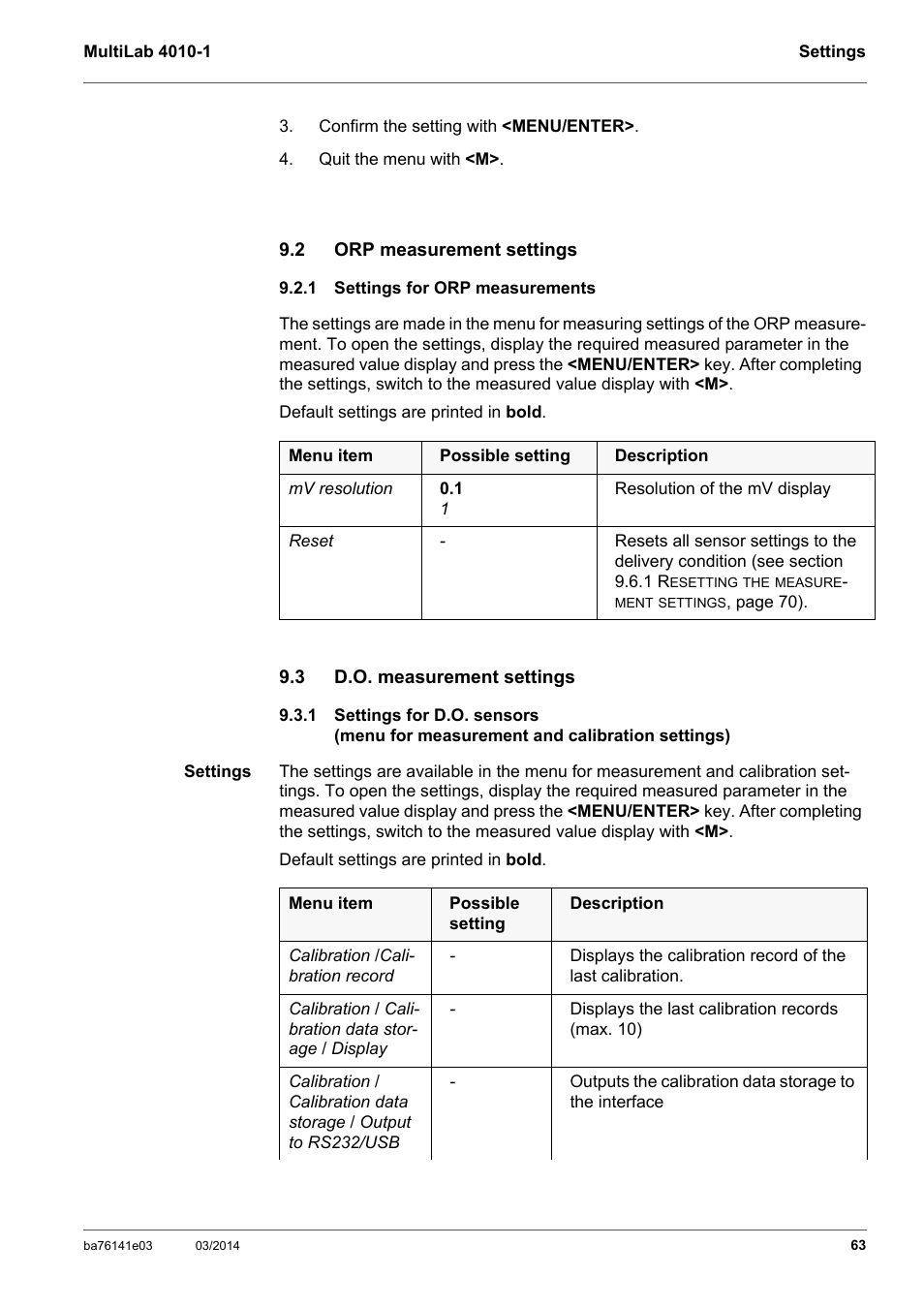 2 orp measurement settings, 1 settings for orp measurements, 3 d.o. measurement settings | Orp measurement settings, Settings for orp measurements, D.o. measurement settings, Section 9.3.1 s, Ettings, Sensors, Menu | YSI MultiLab 4010P-1 User Manual | Page 63 / 108