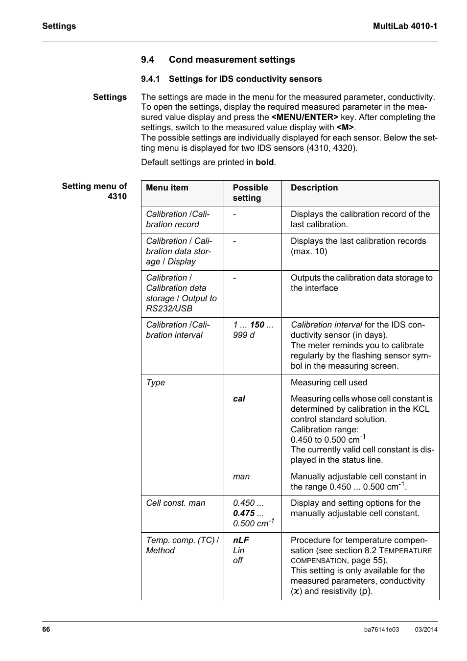 4 cond measurement settings, 1 settings for ids conductivity sensors, Cond measurement settings | Settings for ids conductivity sensors, Ctivity (see section 9.4.1 s, Tings, Conductivity, Sensors | YSI MultiLab 4010P-1 User Manual | Page 66 / 108