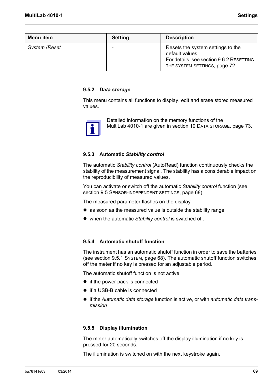 2 data storage, 3 automatic stability control, 4 automatic shutoff function | 5 display illumination, Data, Automatic, Automatic shutoff function, Display illumination, Section 9.5.3 a, Utomatic | YSI MultiLab 4010P-1 User Manual | Page 69 / 108