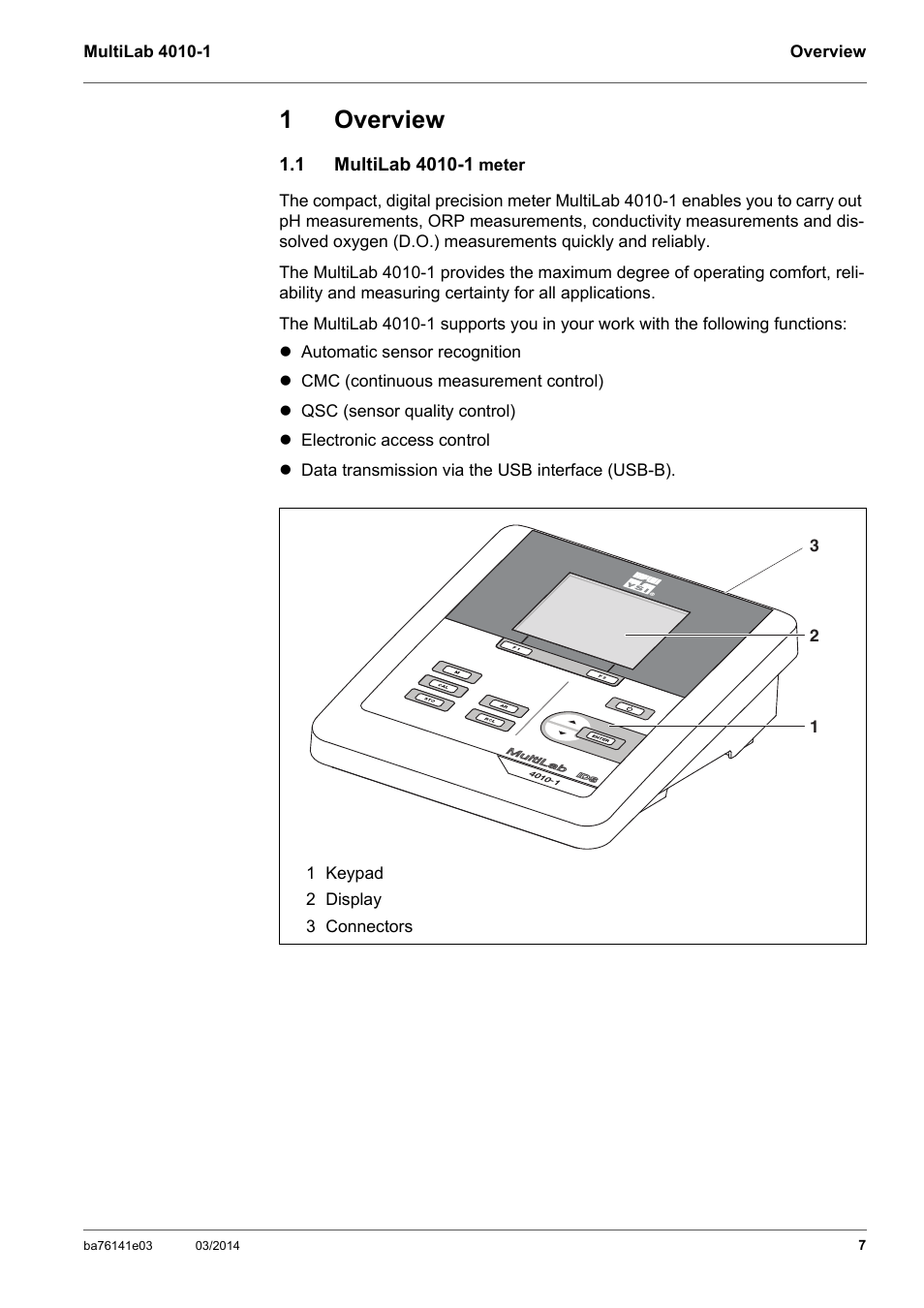 1 overview, 1 multilab 4010-1 meter, Overview | Multilab 4010-1 meter, 1overview | YSI MultiLab 4010P-1 User Manual | Page 7 / 108