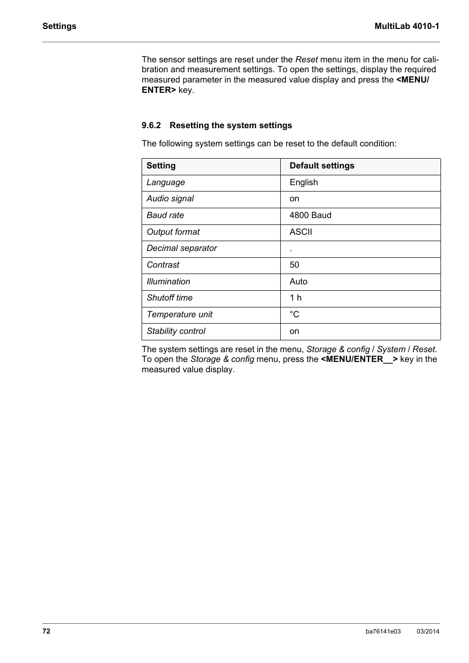 2 resetting the system settings, Resetting the system settings | YSI MultiLab 4010P-1 User Manual | Page 72 / 108