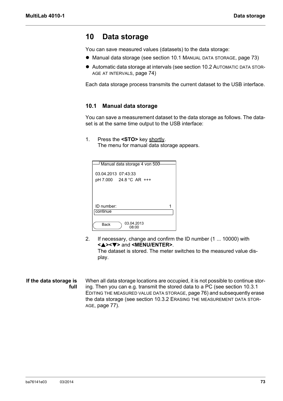 10 data storage, 1 manual data storage | YSI MultiLab 4010P-1 User Manual | Page 73 / 108