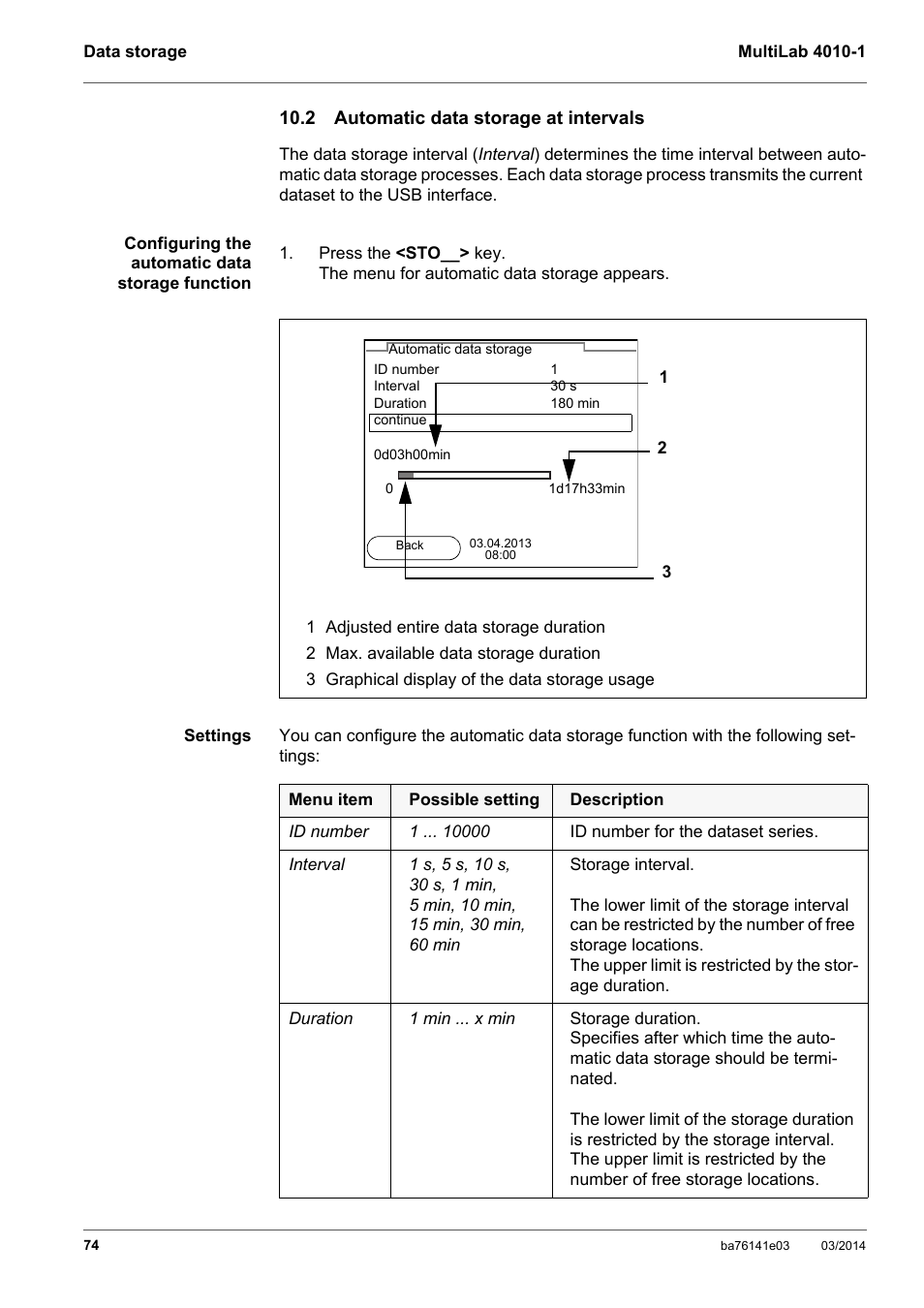 2 automatic data storage at intervals, Section 10.2 a, Utomatic | Data, Stor, Intervals | YSI MultiLab 4010P-1 User Manual | Page 74 / 108