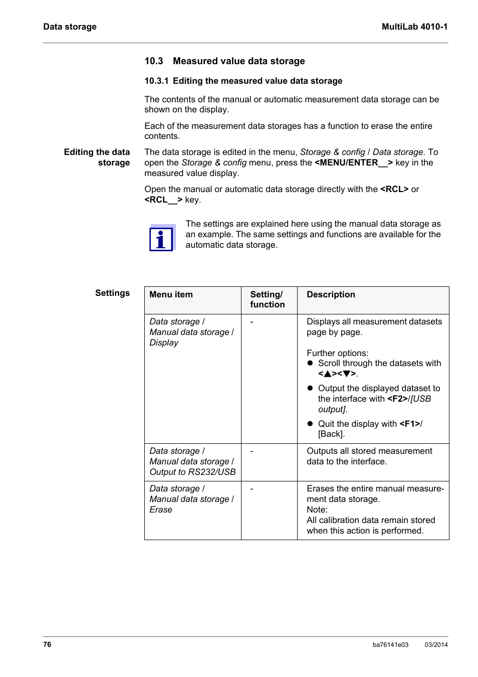 3 measured value data storage, 1 editing the measured value data storage, A to a pc (see section 10.3.1 e | Diting, Measured, Value, Data, Storage | YSI MultiLab 4010P-1 User Manual | Page 76 / 108