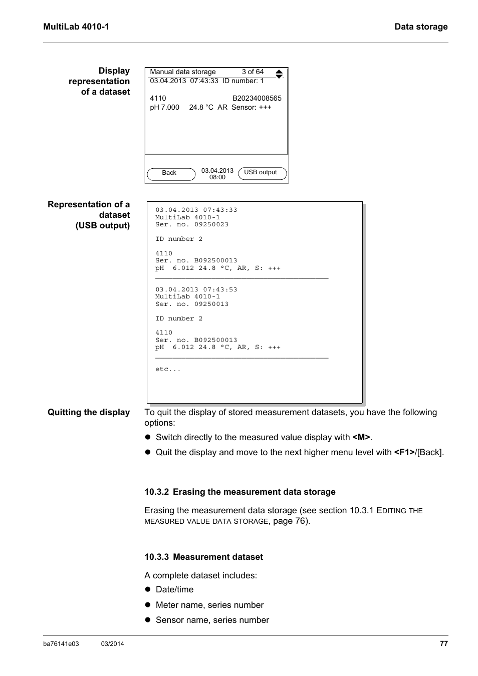 2 erasing the measurement data storage, 3 measurement dataset, Section 10.3.2 e | Rasing, Measurement, Data, Stor | YSI MultiLab 4010P-1 User Manual | Page 77 / 108