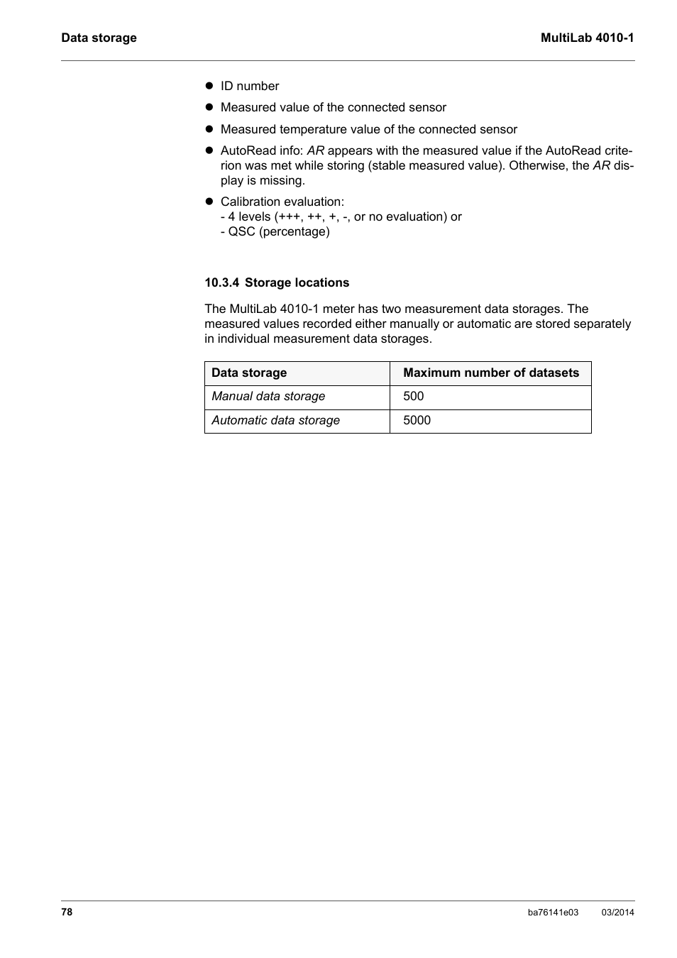4 storage locations | YSI MultiLab 4010P-1 User Manual | Page 78 / 108