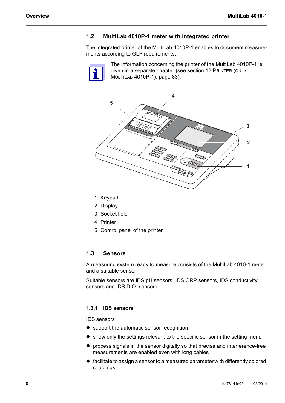 2 multilab 4010p-1 meter with integrated printer, 3 sensors, 1 ids sensors | Multilab 4010p-1 meter with integrated printer, Sensors, Ids sensors | YSI MultiLab 4010P-1 User Manual | Page 8 / 108