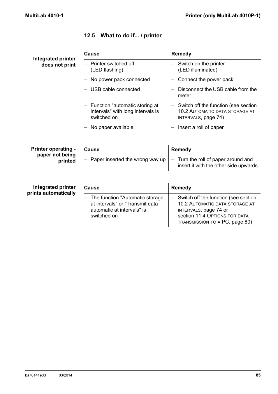 5 what to do if... / printer | YSI MultiLab 4010P-1 User Manual | Page 85 / 108