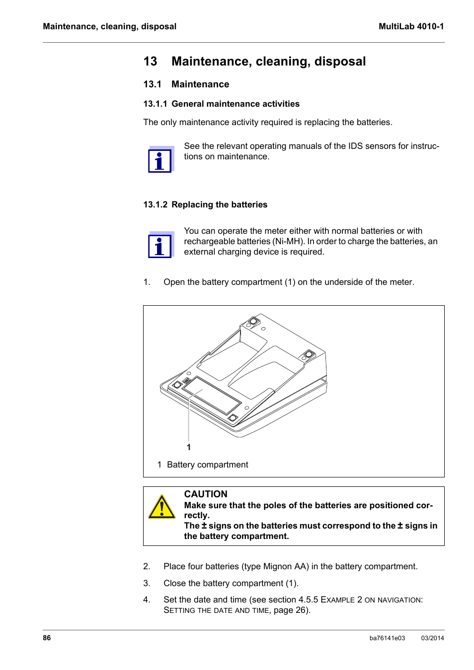 13 maintenance, cleaning, disposal, 1 maintenance, 1 general maintenance activities | 2 replacing the batteries | YSI MultiLab 4010P-1 User Manual | Page 86 / 108