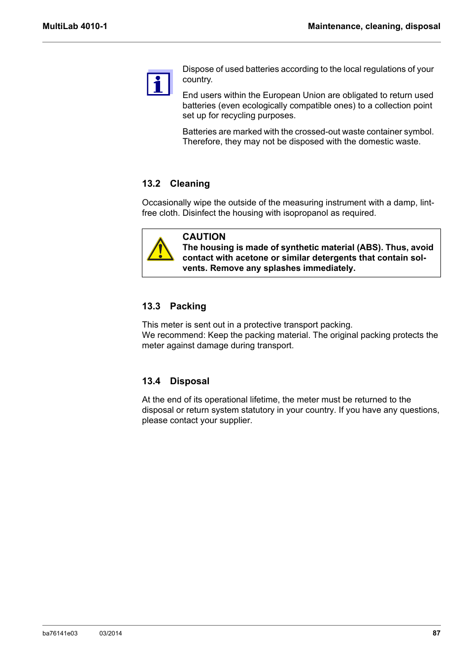 2 cleaning, 3 packing, 4 disposal | 2 cleaning 13.3 packing 13.4 disposal | YSI MultiLab 4010P-1 User Manual | Page 87 / 108