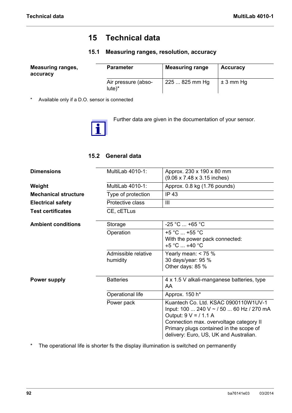 15 technical data, 1 measuring ranges, resolution, accuracy, 2 general data | Section 15 t, Echnical, Data, E section 15 t, See section 15.2 g, Eneral, Section 15.2 g | YSI MultiLab 4010P-1 User Manual | Page 92 / 108