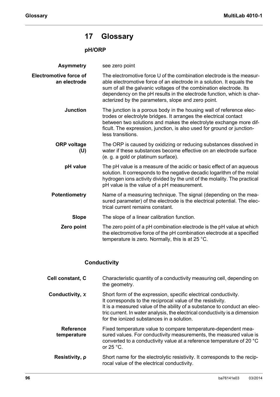 17 glossary | YSI MultiLab 4010P-1 User Manual | Page 96 / 108