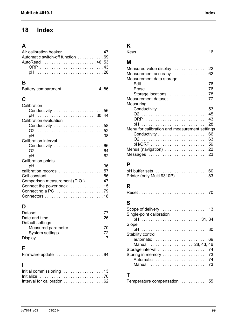 18 index | YSI MultiLab 4010P-1 User Manual | Page 99 / 108