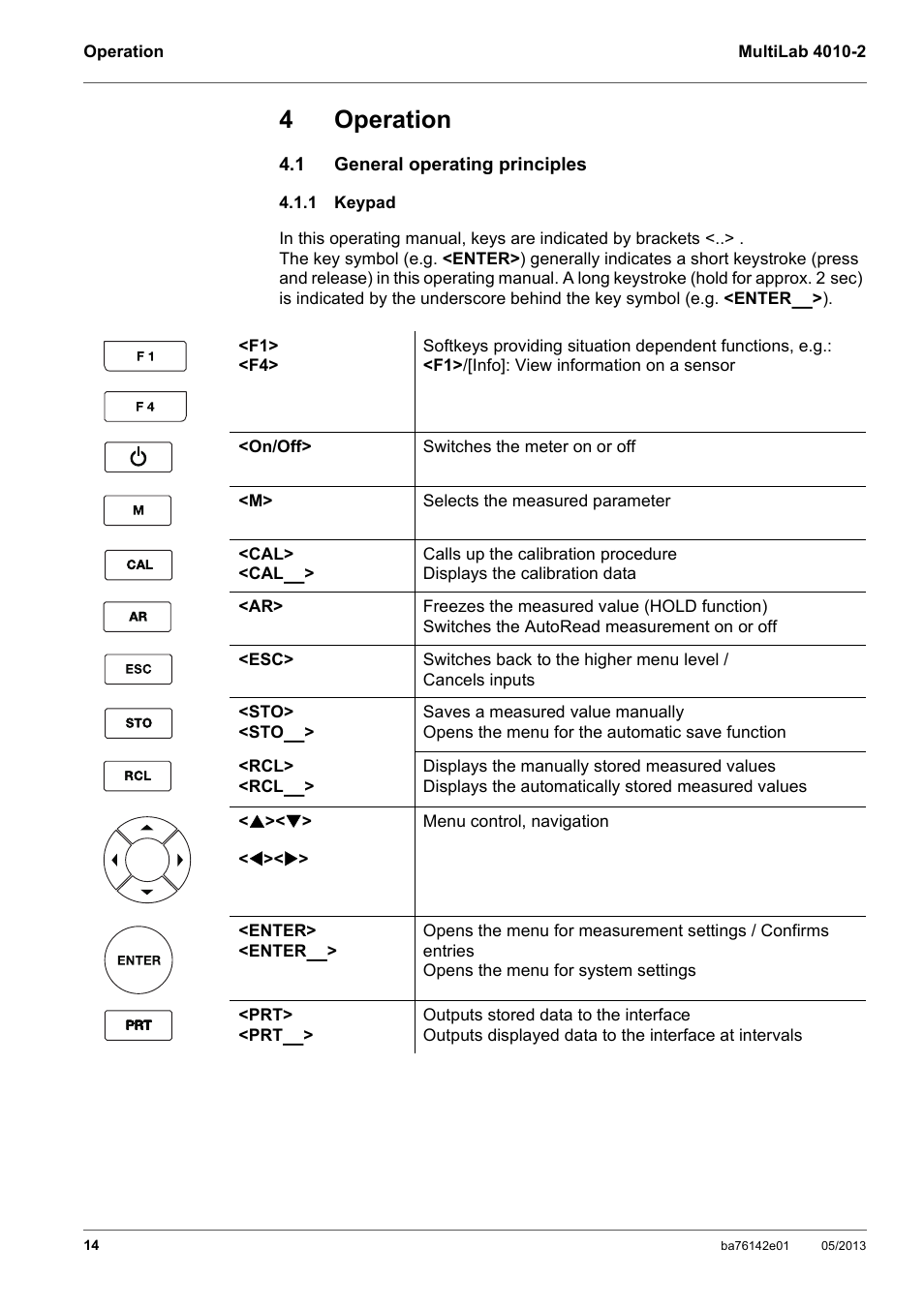 4 operation, 1 general operating principles, 1 keypad | Operation, General operating principles, Keypad, 4operation | Xylem MultiLab 4010-2 User Manual | Page 14 / 112