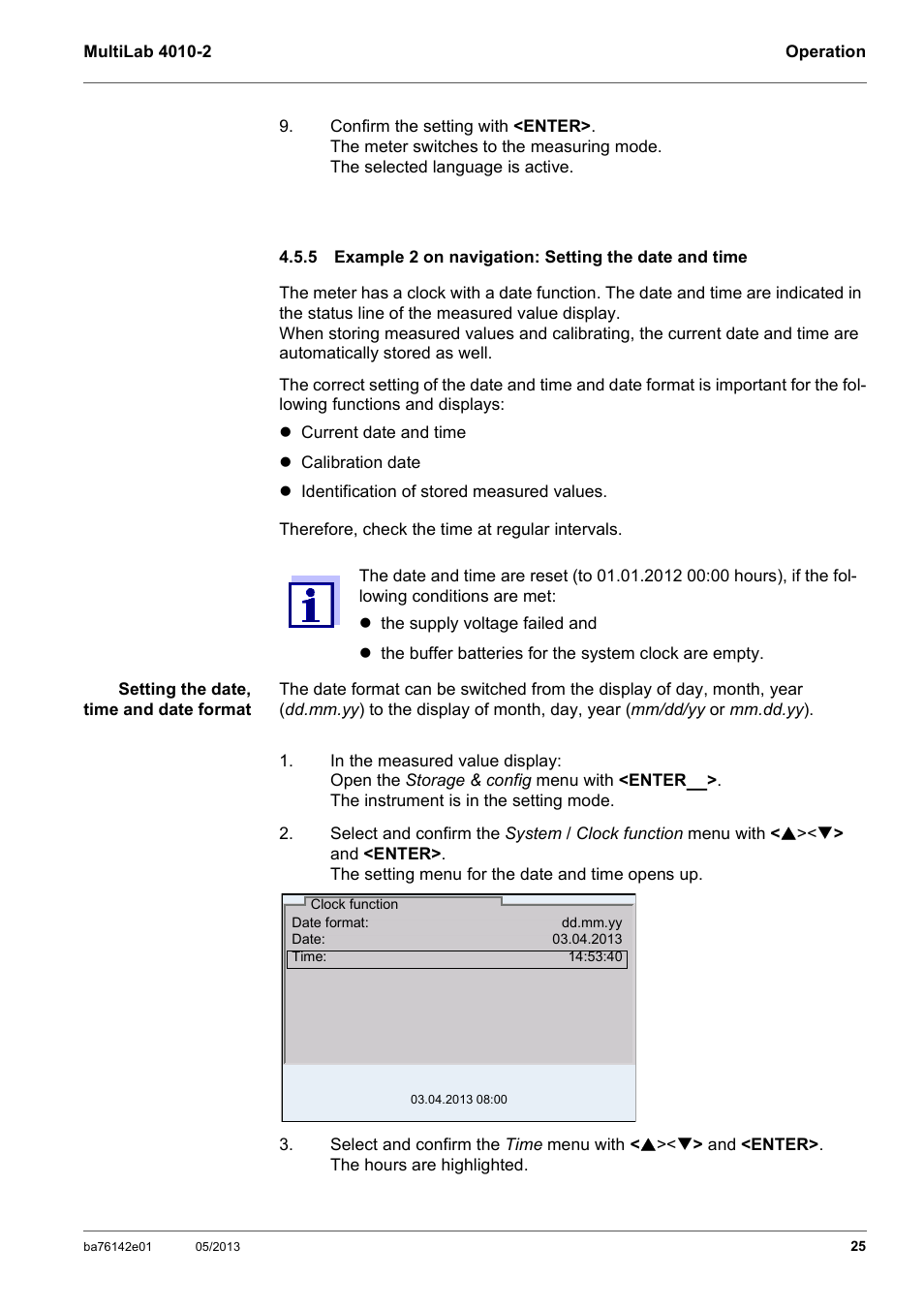 Example 2 on navigation: setting the date and time, Ee section 4.5.5 e, Xample | Navigation, Etting, Date, Time | Xylem MultiLab 4010-2 User Manual | Page 25 / 112