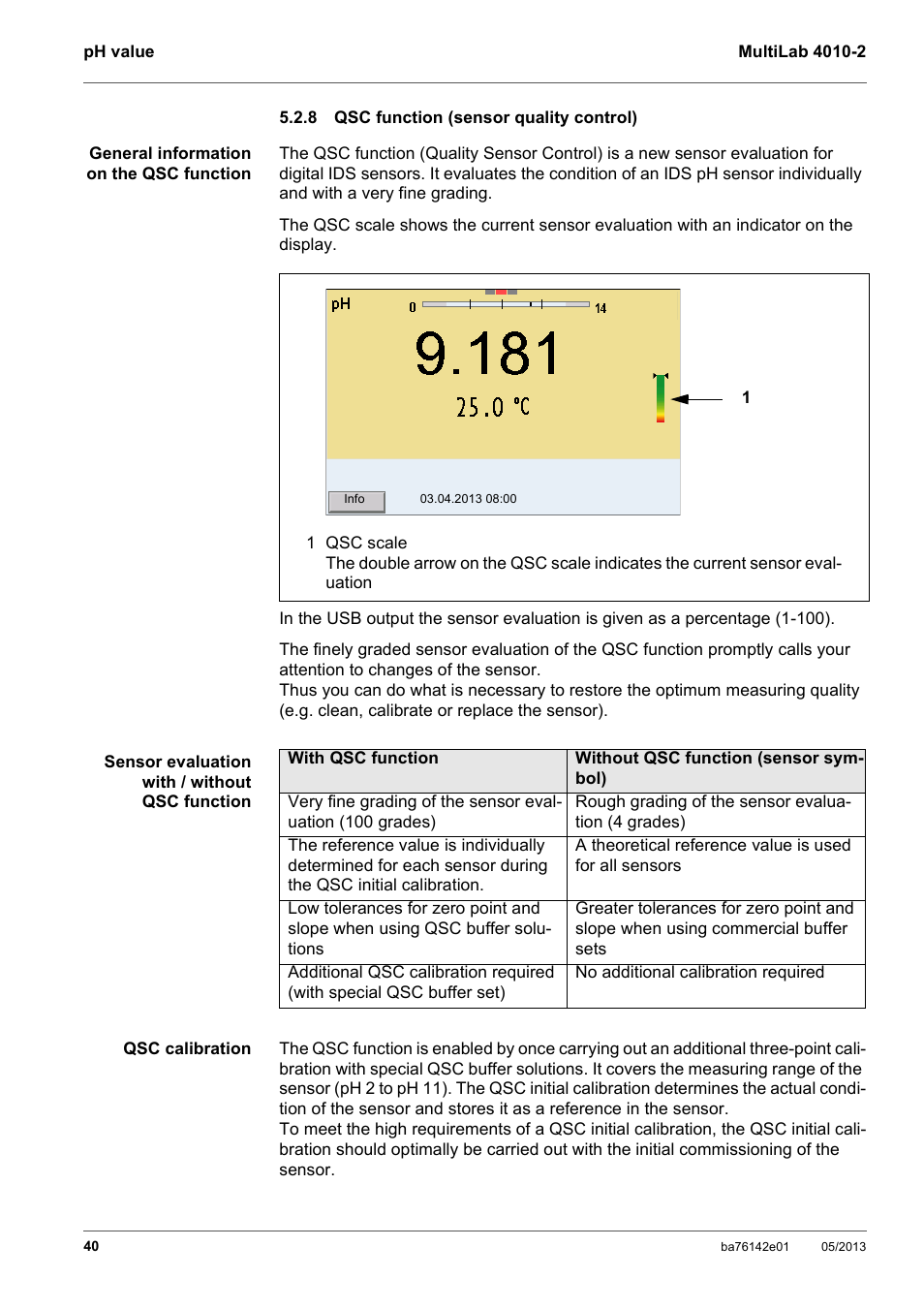 8 qsc function (sensor quality control), Qsc function (sensor quality control), Ee section 5.2.8 qsc | Function, Sensor, Quality, Control | Xylem MultiLab 4010-2 User Manual | Page 40 / 112