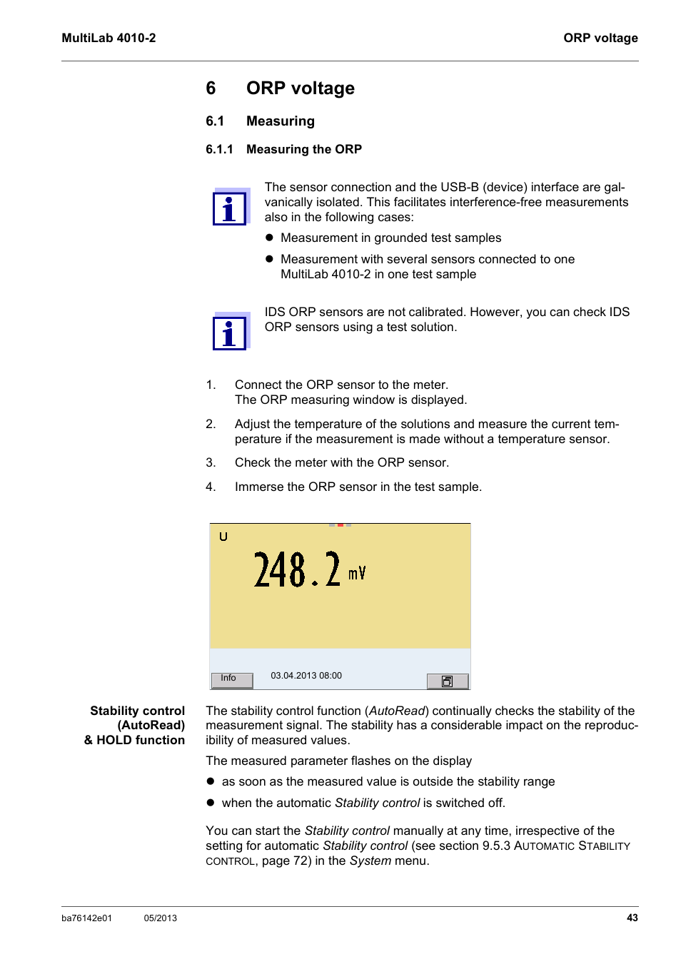 6 orp voltage, 1 measuring, 1 measuring the orp | Orp voltage, Measuring, Measuring the orp, 6orp voltage | Xylem MultiLab 4010-2 User Manual | Page 43 / 112