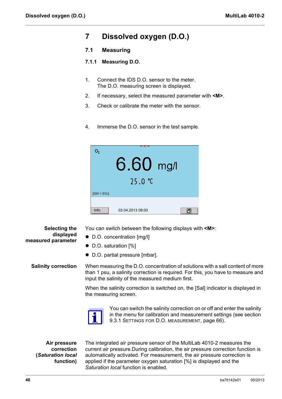 7 dissolved oxygen (d.o.), 1 measuring, 1 measuring d.o | Dissolved oxygen (d.o.), Measuring, Measuring d.o, 7dissolved oxygen (d.o.) | Xylem MultiLab 4010-2 User Manual | Page 46 / 112