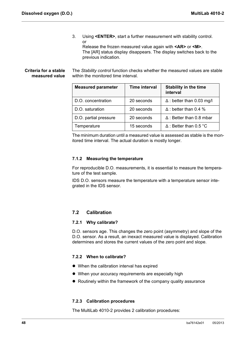 2 measuring the temperature, 2 calibration, 1 why calibrate | 2 when to calibrate, 3 calibration procedures, Measuring the temperature, Calibration, Why calibrate, When to calibrate, Calibration procedures | Xylem MultiLab 4010-2 User Manual | Page 48 / 112