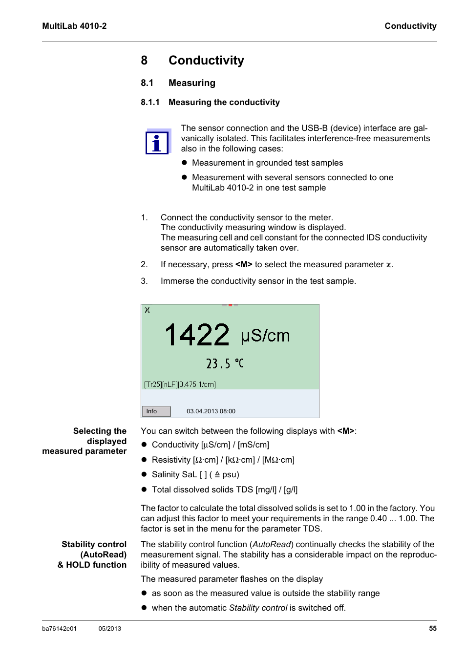 8 conductivity, 1 measuring, 1 measuring the conductivity | Conductivity, Measuring, Measuring the conductivity, 8conductivity | Xylem MultiLab 4010-2 User Manual | Page 55 / 112