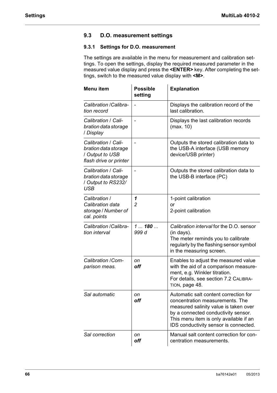 3 d.o. measurement settings, 1 settings for d.o. measurement, D.o. measurement settings | Settings for d.o. measurement, Section 9.3.1 s, Ettings, Measurement | Xylem MultiLab 4010-2 User Manual | Page 66 / 112