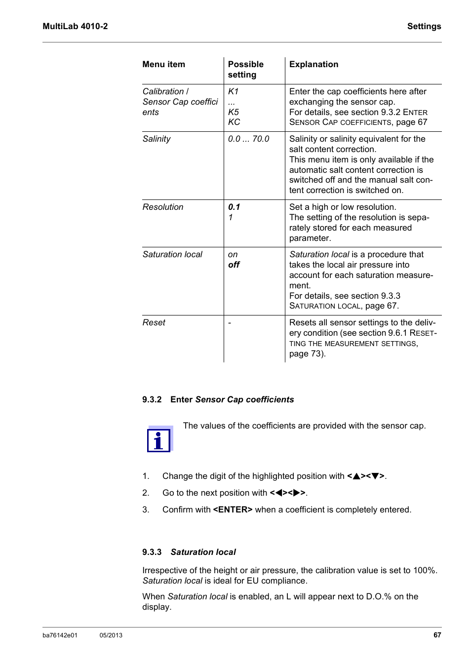 2 enter sensor cap coefficients, 3 saturation local, Enter sen | Satur, Section 9.3.3 s, Aturation local | Xylem MultiLab 4010-2 User Manual | Page 67 / 112