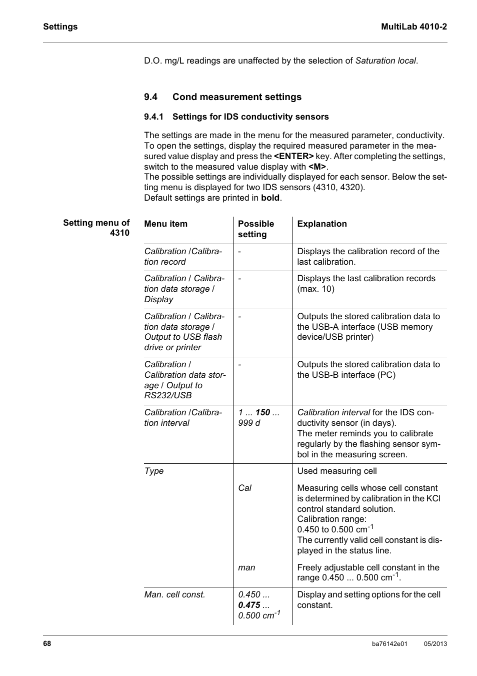 4 cond measurement settings, 1 settings for ids conductivity sensors, Cond measurement settings | Settings for ids conductivity sensors, Ee section 9.4.1 s, Tings, Conductivity, Sensors | Xylem MultiLab 4010-2 User Manual | Page 68 / 112