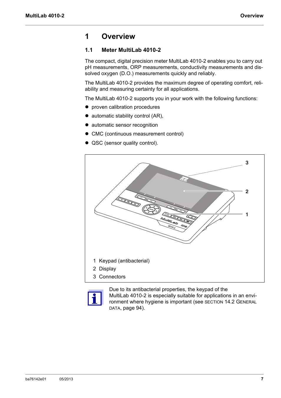 1 overview, 1 meter multilab 4010-2, Overview | Meter multilab 4010-2, 1overview | Xylem MultiLab 4010-2 User Manual | Page 7 / 112