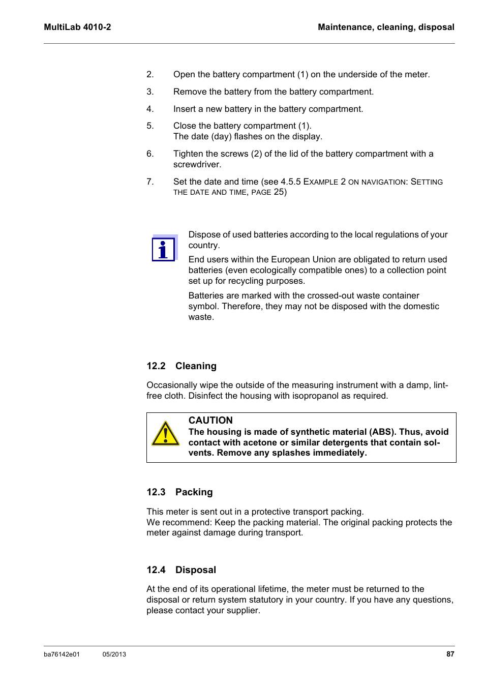 2 cleaning, 3 packing, 4 disposal | 2 cleaning 12.3 packing 12.4 disposal | Xylem MultiLab 4010-2 User Manual | Page 87 / 112