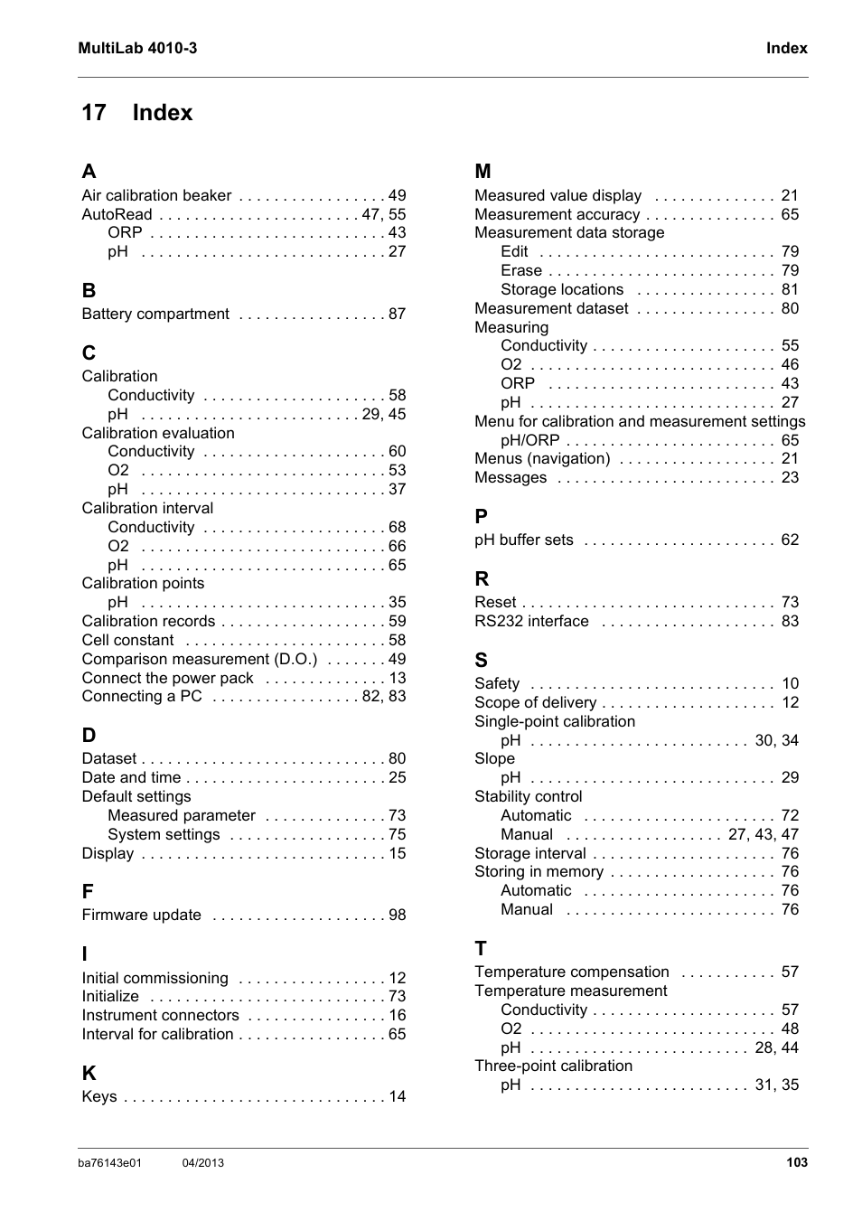 17 index | Xylem MultiLab 4010-3 User Manual | Page 103 / 112