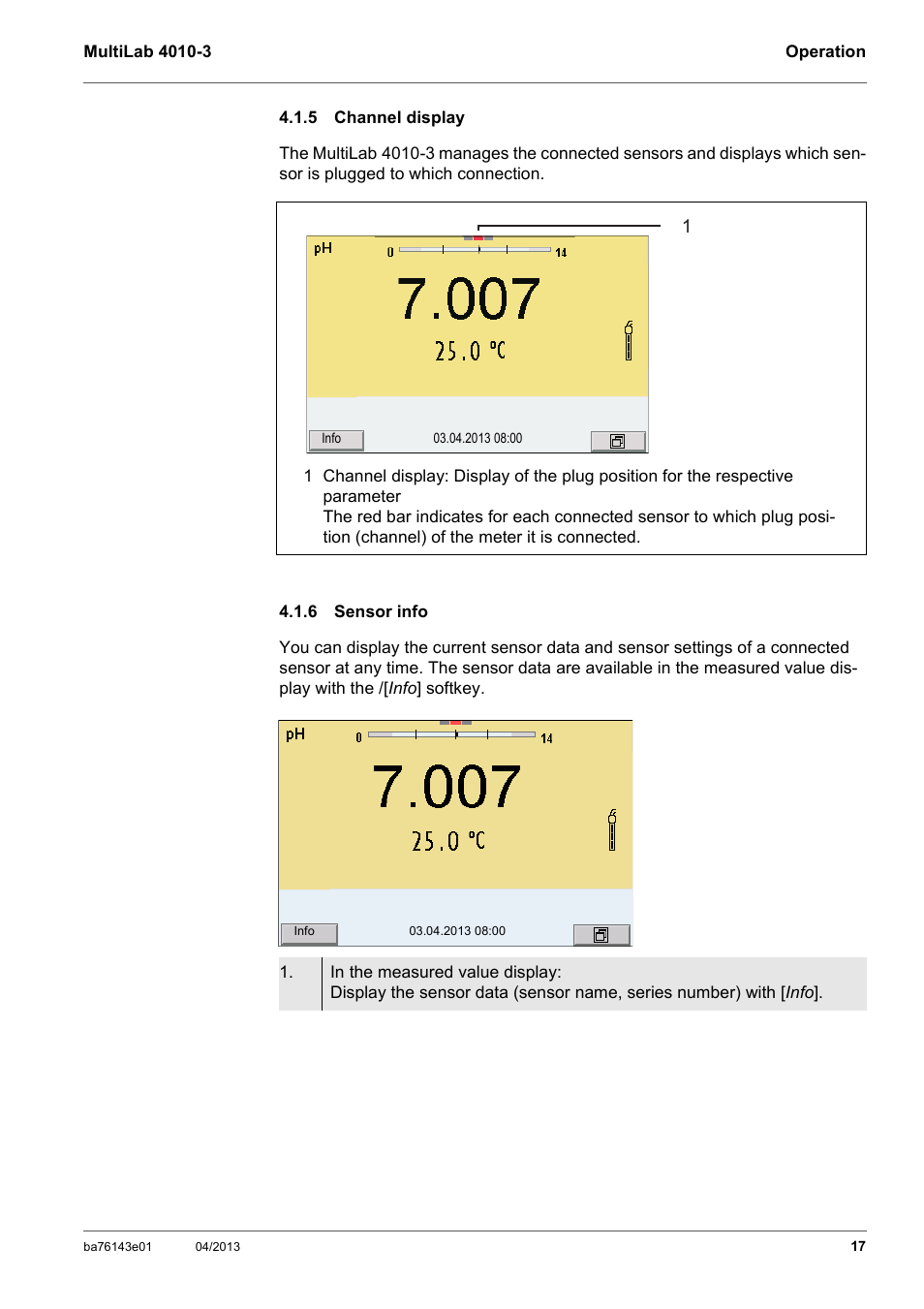 5 channel display, 6 sensor info, Channel display | Sensor info, Ee section 4.1.6 s, Ensor, Info | Xylem MultiLab 4010-3 User Manual | Page 17 / 112