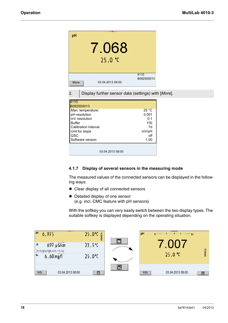 7 display of several sensors in the measuring mode, Display of several sensors in the measuring mode | Xylem MultiLab 4010-3 User Manual | Page 18 / 112