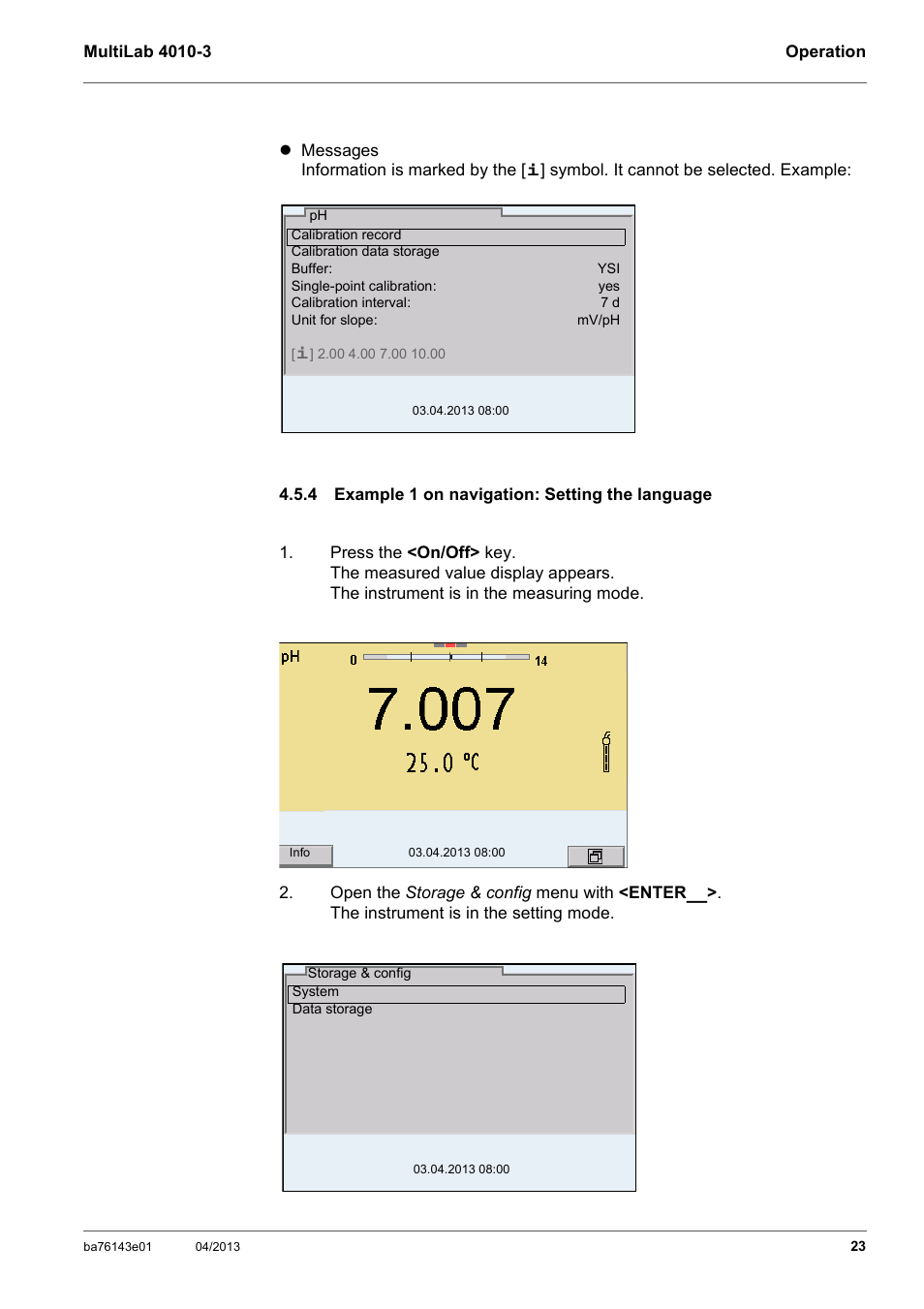 4 example 1 on navigation: setting the language, Example 1 on navigation: setting the language | Xylem MultiLab 4010-3 User Manual | Page 23 / 112