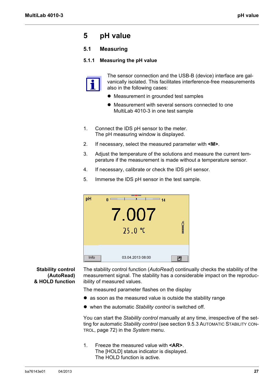 5 ph value, 1 measuring, 1 measuring the ph value | Ph value, Measuring, Measuring the ph value, 5ph value | Xylem MultiLab 4010-3 User Manual | Page 27 / 112