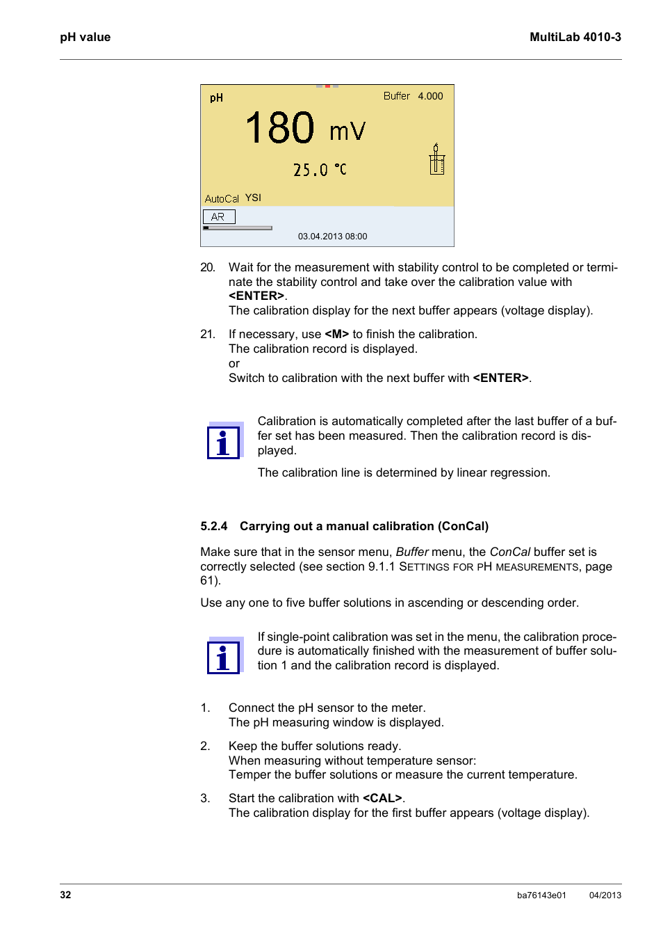 4 carrying out a manual calibration (concal), Carrying out a manual calibration (concal) | Xylem MultiLab 4010-3 User Manual | Page 32 / 112