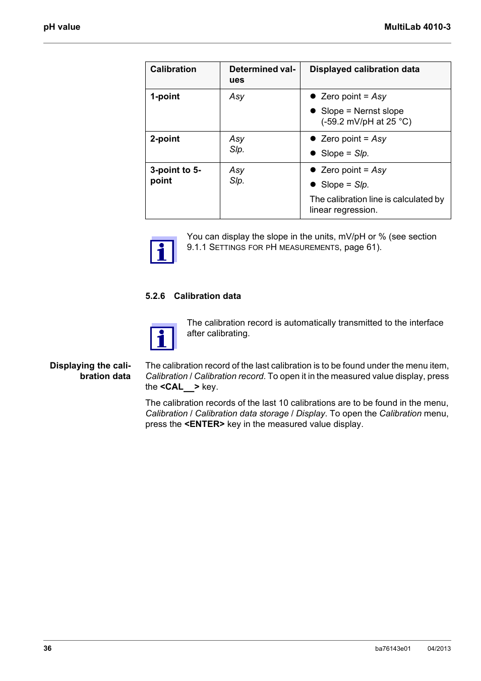 6 calibration data, Calibration data | Xylem MultiLab 4010-3 User Manual | Page 36 / 112