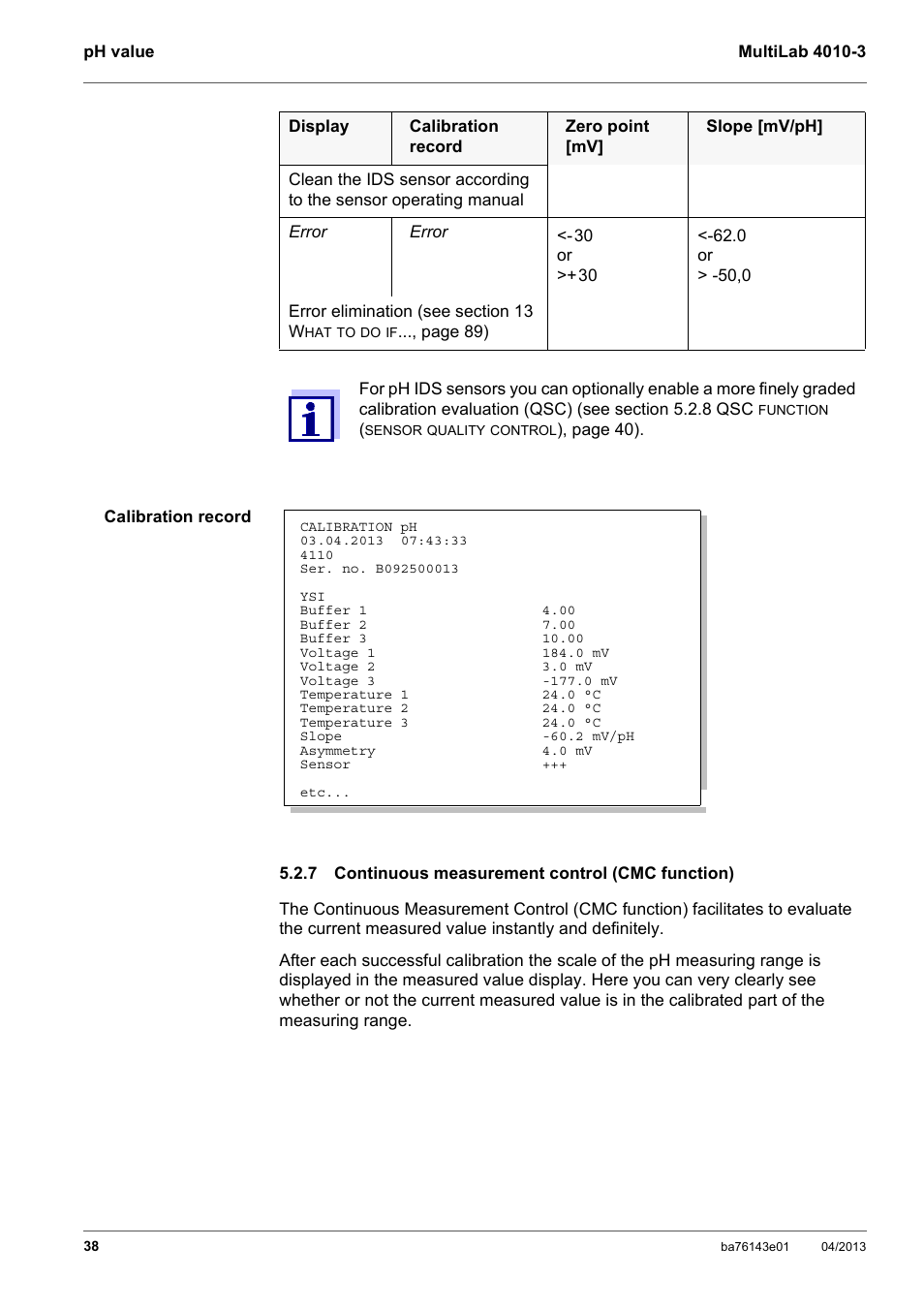 7 continuous measurement control (cmc function), Continuous measurement control (cmc function) | Xylem MultiLab 4010-3 User Manual | Page 38 / 112