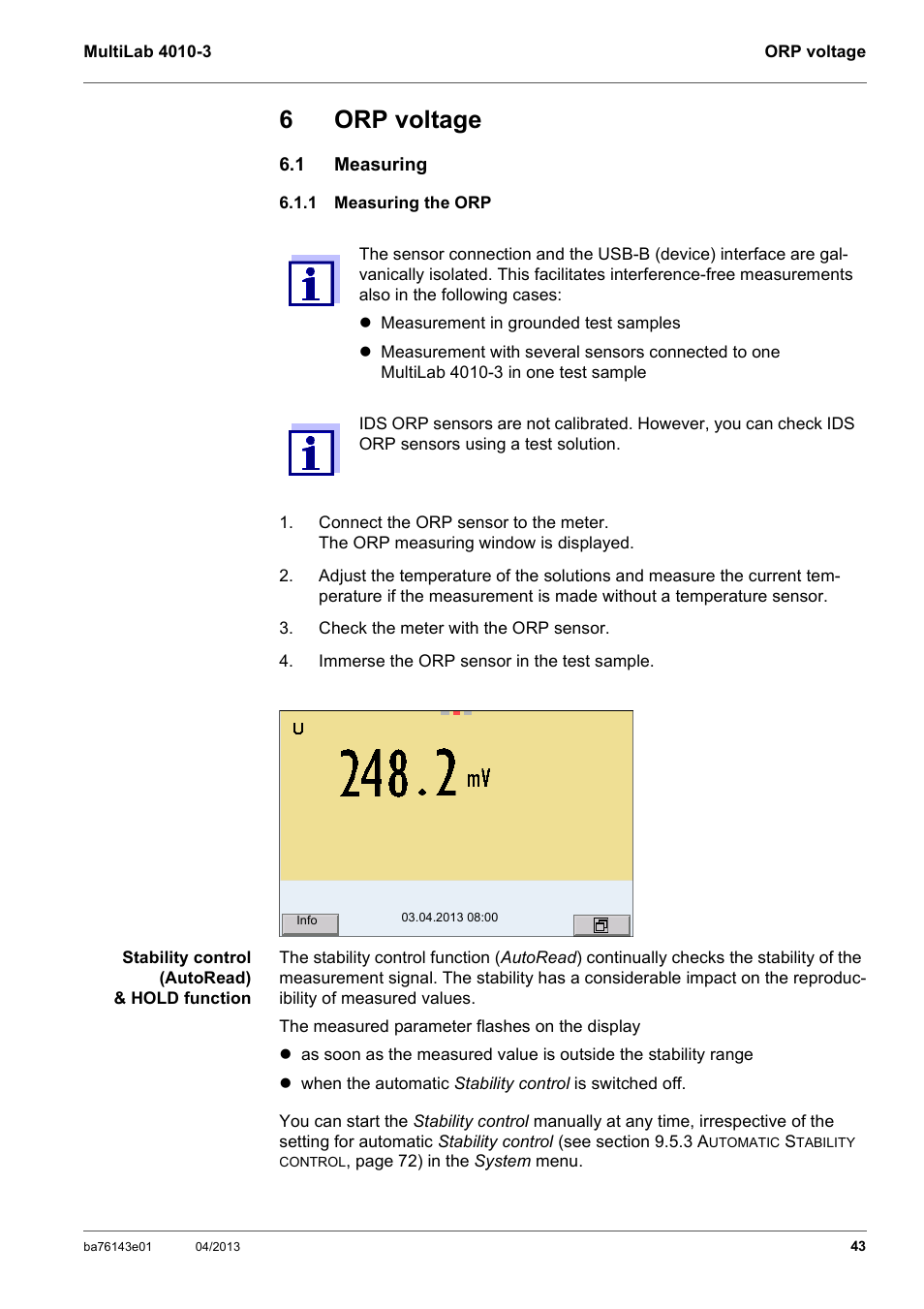 6 orp voltage, 1 measuring, 1 measuring the orp | Orp voltage, Measuring, Measuring the orp, 6orp voltage | Xylem MultiLab 4010-3 User Manual | Page 43 / 112