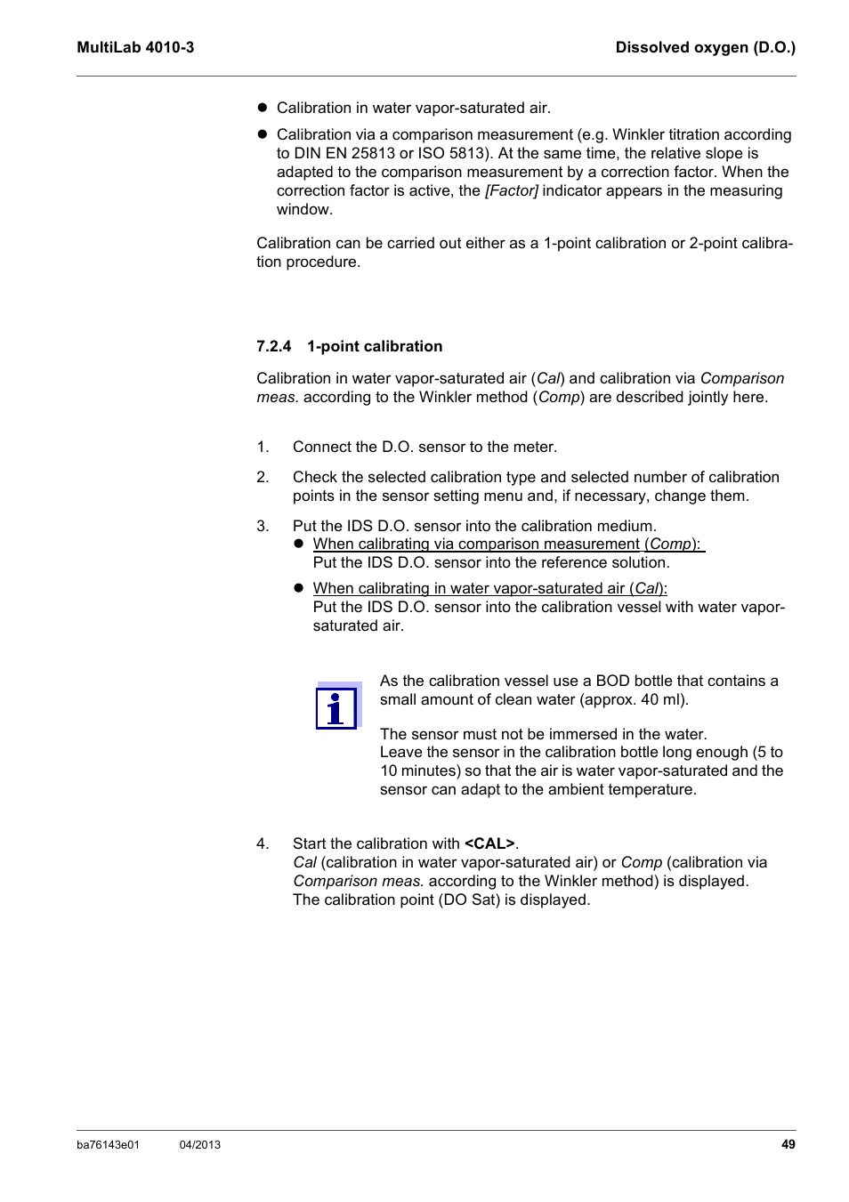 4 1-point calibration, Point calibration | Xylem MultiLab 4010-3 User Manual | Page 49 / 112