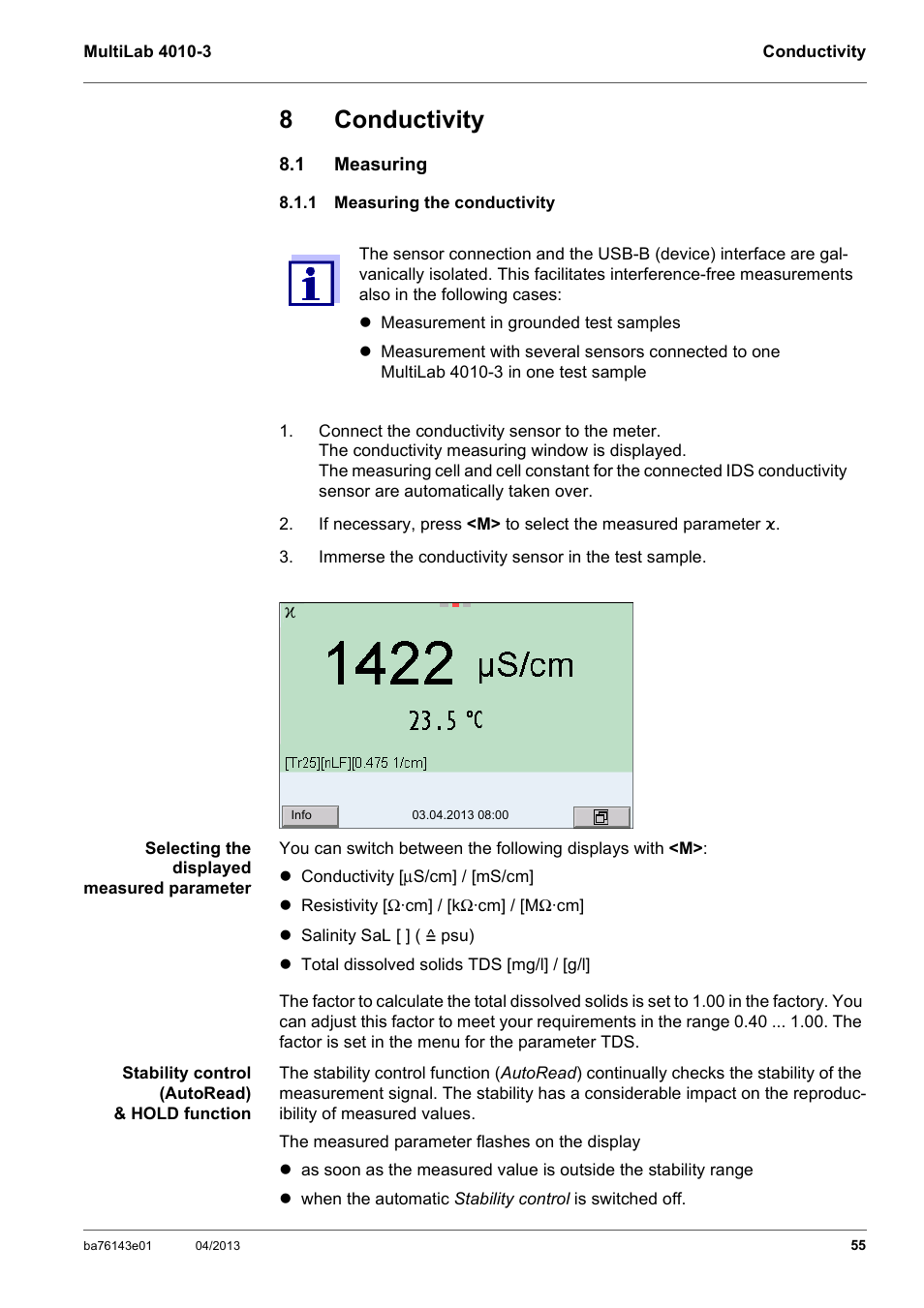 8 conductivity, 1 measuring, 1 measuring the conductivity | Conductivity, Measuring, Measuring the conductivity, 8conductivity | Xylem MultiLab 4010-3 User Manual | Page 55 / 112
