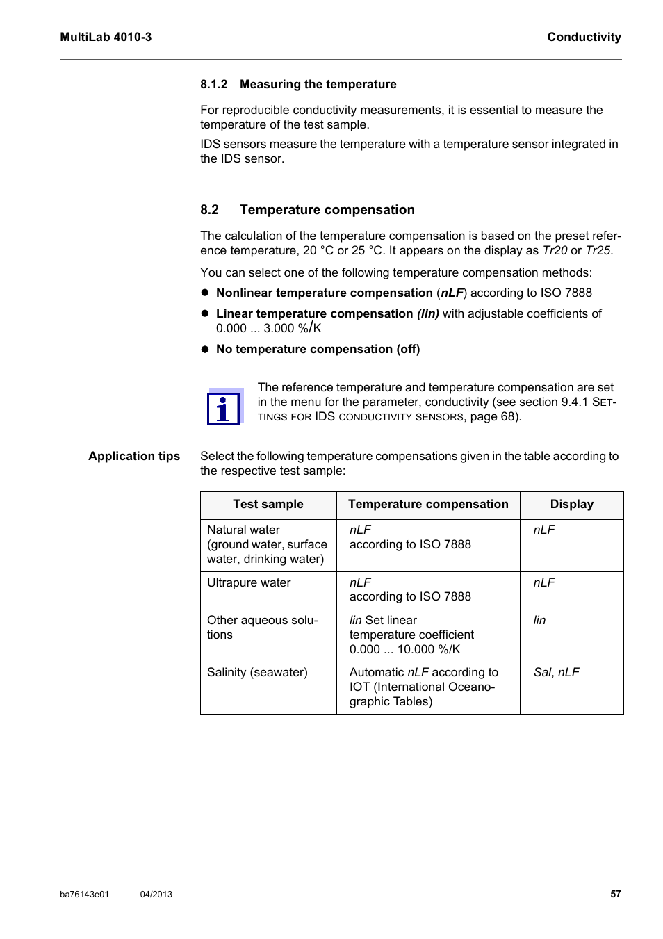 2 measuring the temperature, 2 temperature compensation, Measuring the temperature | Temperature compensation | Xylem MultiLab 4010-3 User Manual | Page 57 / 112