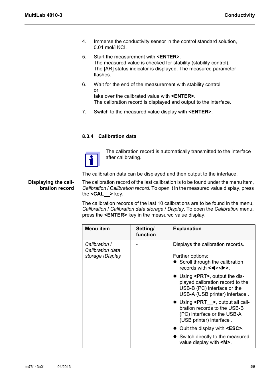 4 calibration data, Calibration data | Xylem MultiLab 4010-3 User Manual | Page 59 / 112