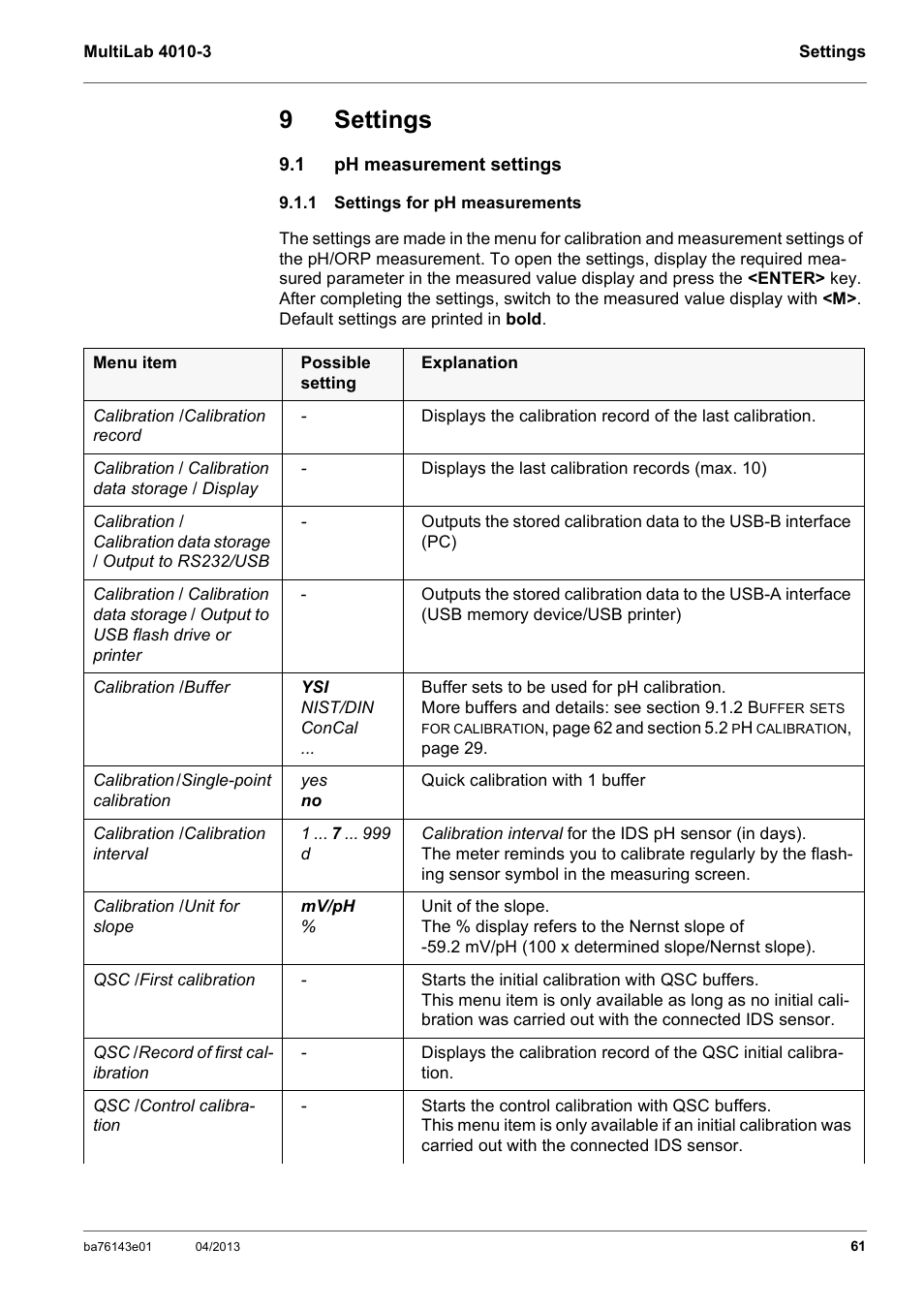 9 settings, 1 ph measurement settings, 1 settings for ph measurements | Settings, Ph measurement settings, Settings for ph measurements, Section 9.1.1 s, Ettings, Measurements, Ee section 9.1.1 s | Xylem MultiLab 4010-3 User Manual | Page 61 / 112