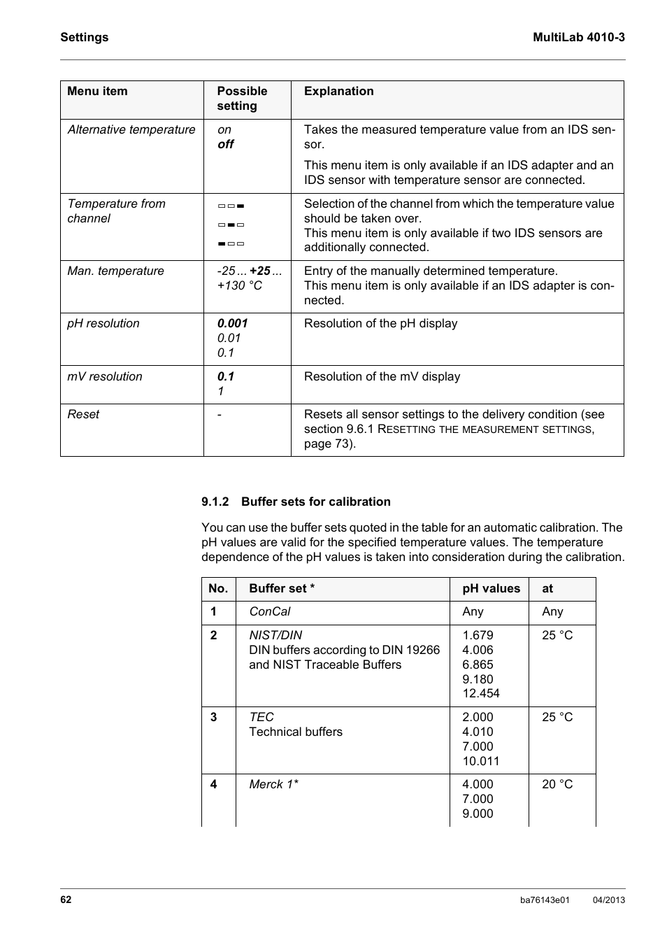 2 buffer sets for calibration, Buffer sets for calibration | Xylem MultiLab 4010-3 User Manual | Page 62 / 112