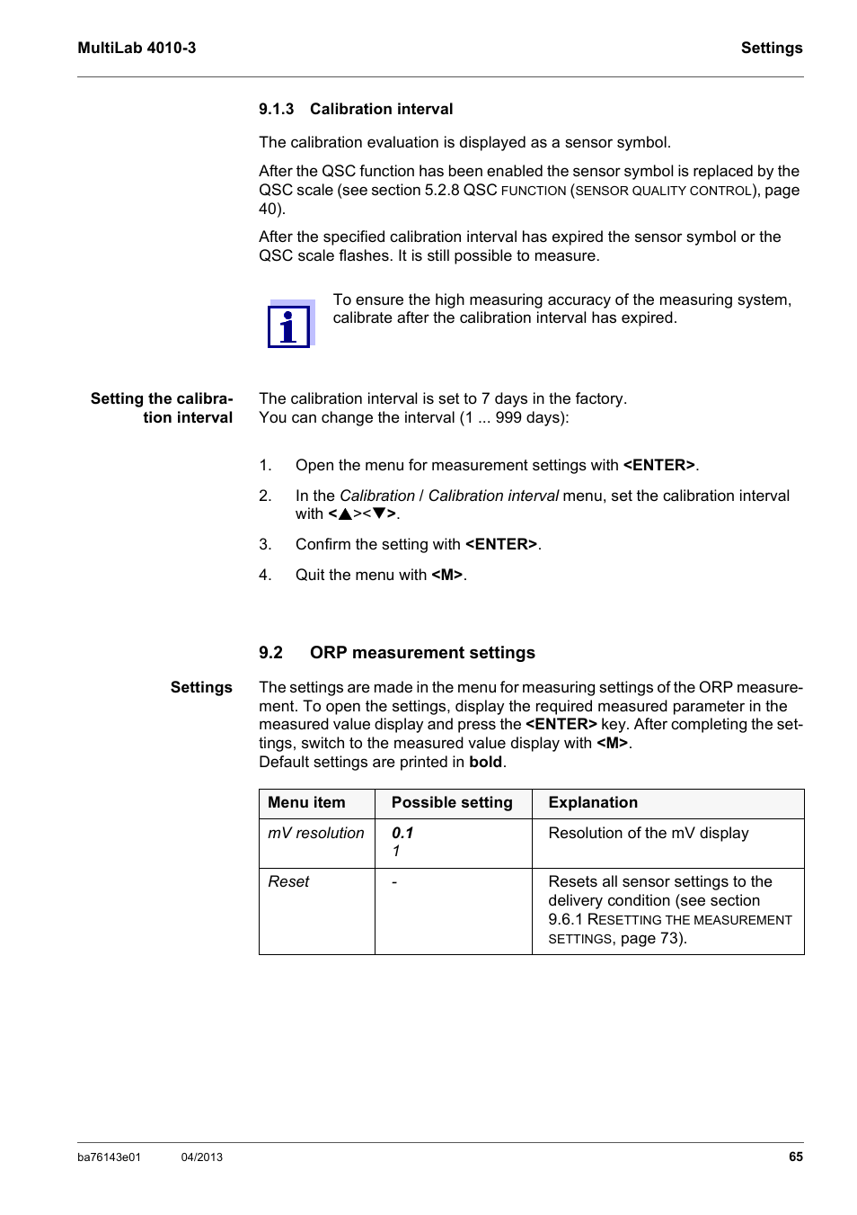 3 calibration interval, 2 orp measurement settings, Calibration interval | Orp measurement settings | Xylem MultiLab 4010-3 User Manual | Page 65 / 112