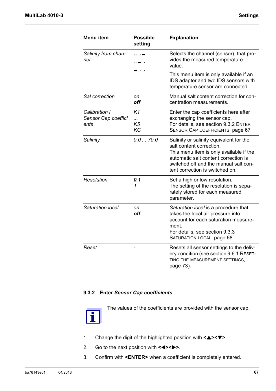 2 enter sensor cap coefficients, Enter sen | Xylem MultiLab 4010-3 User Manual | Page 67 / 112