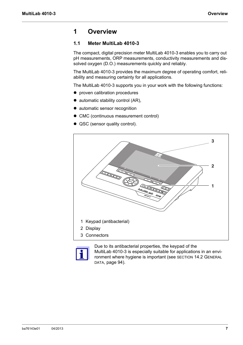 1 overview, 1 meter multilab 4010-3, Overview | Meter multilab 4010-3, 1overview | Xylem MultiLab 4010-3 User Manual | Page 7 / 112